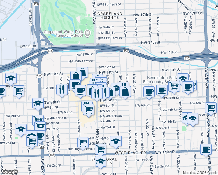 map of restaurants, bars, coffee shops, grocery stores, and more near 814 Northwest 36th Avenue in Miami