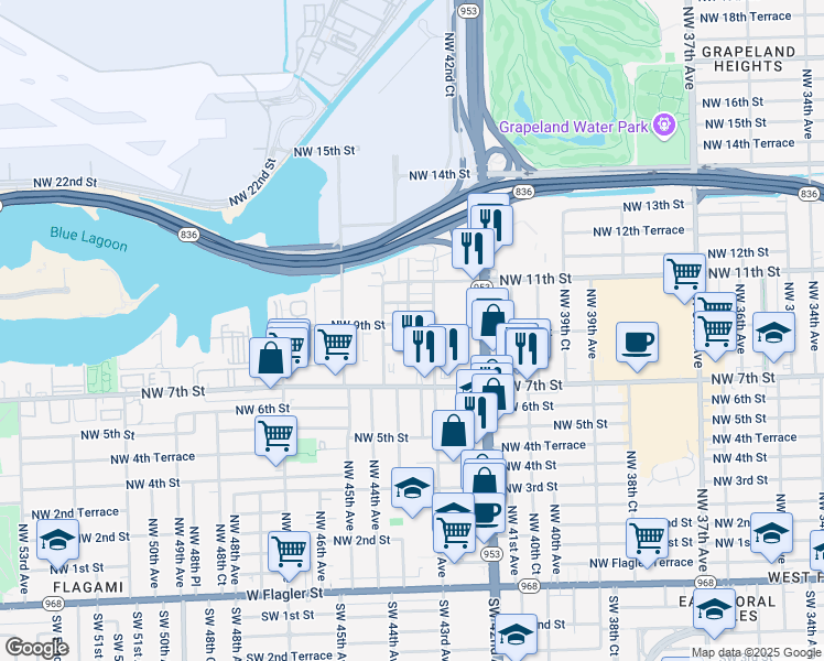 map of restaurants, bars, coffee shops, grocery stores, and more near 4301 Northwest 8th Terrace in Miami