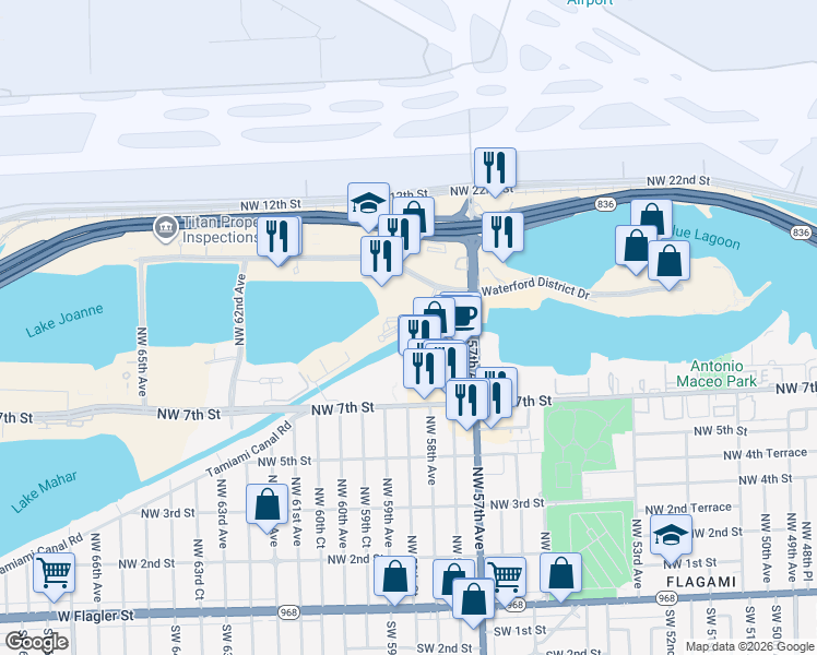 map of restaurants, bars, coffee shops, grocery stores, and more near 1000 Waterford Way in Miami