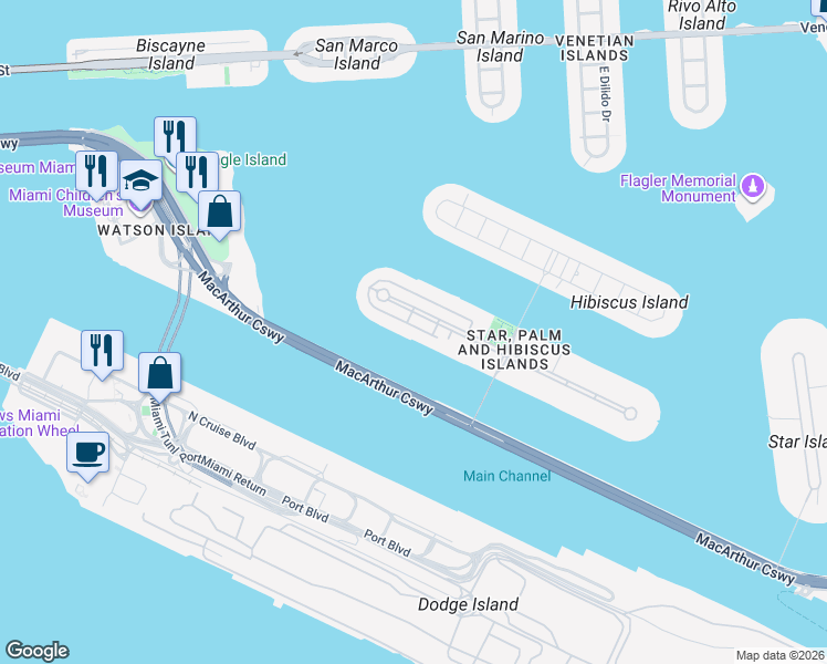 map of restaurants, bars, coffee shops, grocery stores, and more near 250 South Coconut Lane in Miami Beach