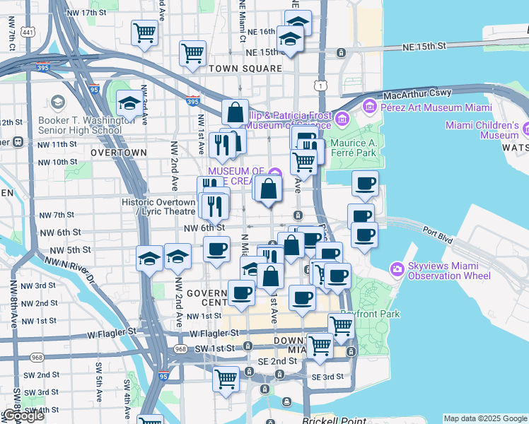 map of restaurants, bars, coffee shops, grocery stores, and more near 435 Northeast 1st Street in Miami