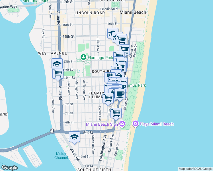 map of restaurants, bars, coffee shops, grocery stores, and more near 950 Pennsylvania Avenue in Miami Beach
