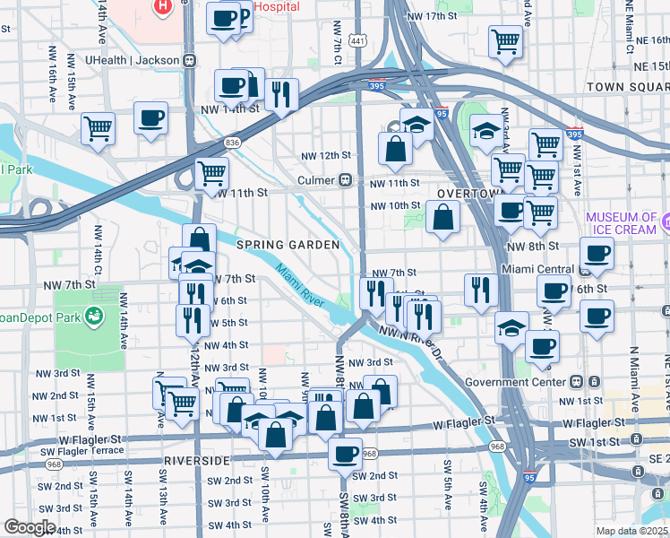 map of restaurants, bars, coffee shops, grocery stores, and more near 700 Northwest 7th Street Road in Miami