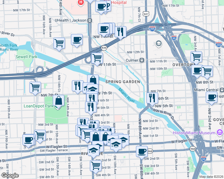 map of restaurants, bars, coffee shops, grocery stores, and more near 999 Northwest 7th Street in Miami