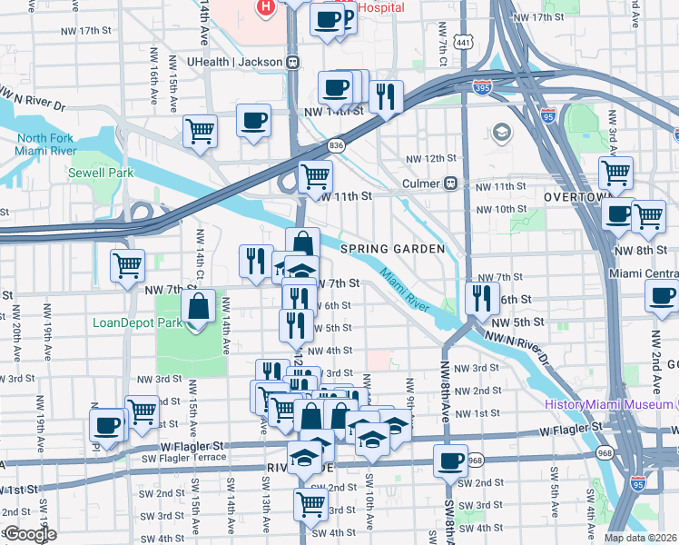 map of restaurants, bars, coffee shops, grocery stores, and more near 1001 Northwest 7th Street in Miami