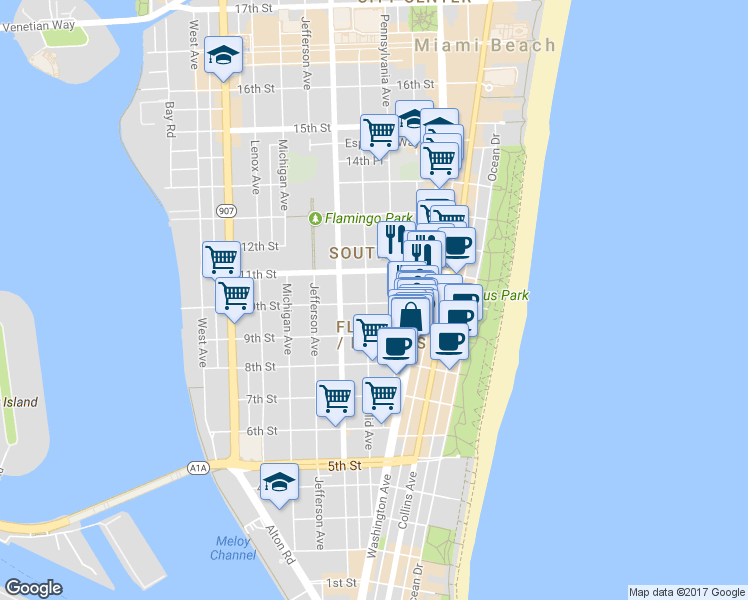 map of restaurants, bars, coffee shops, grocery stores, and more near 641 10th Street in Miami Beach