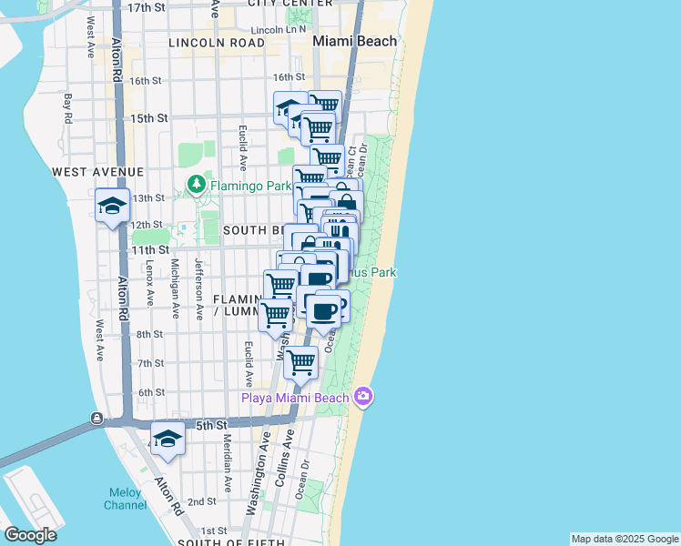 map of restaurants, bars, coffee shops, grocery stores, and more near in Miami Beach