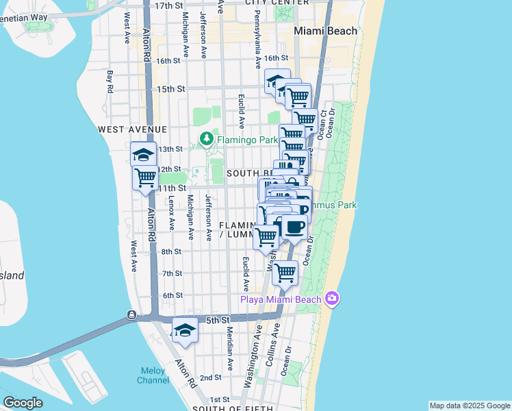 map of restaurants, bars, coffee shops, grocery stores, and more near 950 Pennsylvania Avenue in Miami Beach