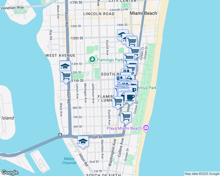 map of restaurants, bars, coffee shops, grocery stores, and more near 950 Pennsylvania Avenue in Miami Beach
