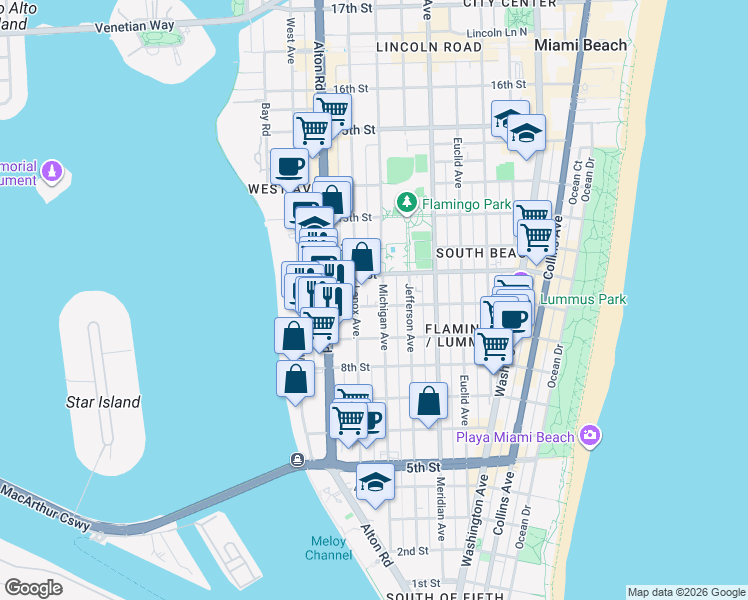 map of restaurants, bars, coffee shops, grocery stores, and more near 1006 10th Street in Miami Beach