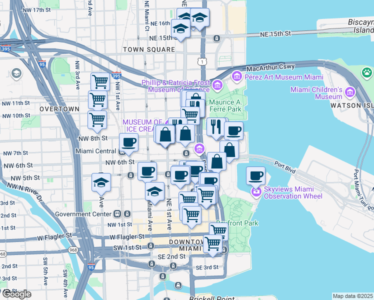 map of restaurants, bars, coffee shops, grocery stores, and more near 215 Southwest 6th Avenue in Miami