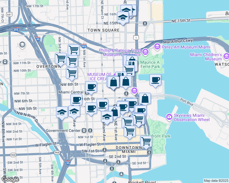 map of restaurants, bars, coffee shops, grocery stores, and more near 601 Northeast 1st Avenue in Miami