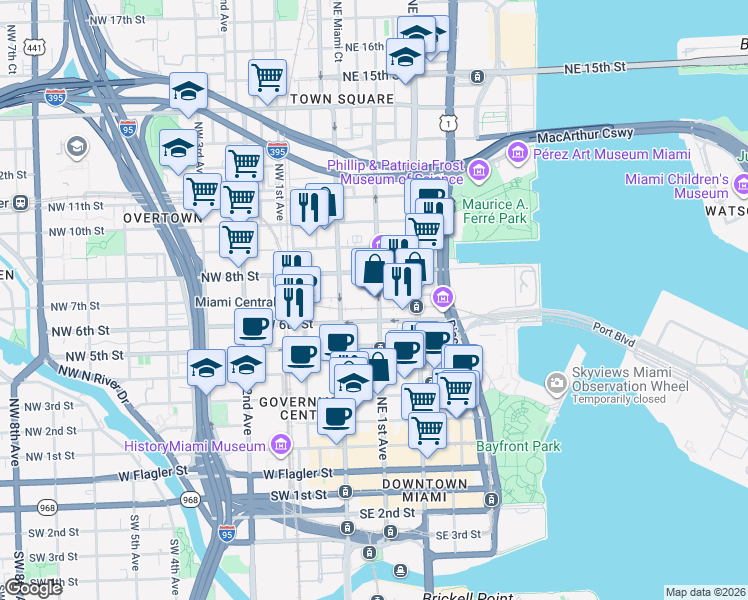 map of restaurants, bars, coffee shops, grocery stores, and more near 435 Northeast 1st Street in Miami