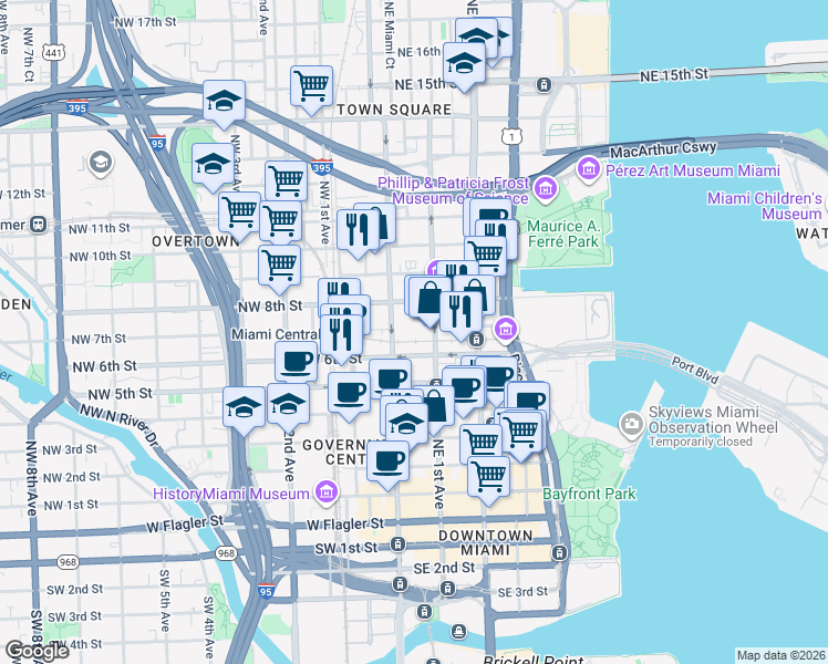map of restaurants, bars, coffee shops, grocery stores, and more near 435 Northeast 1st Street in Miami