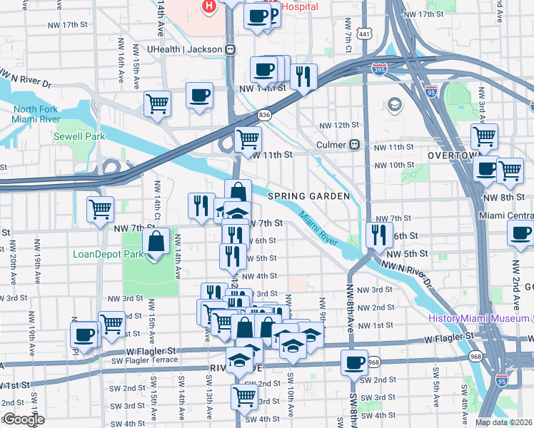 map of restaurants, bars, coffee shops, grocery stores, and more near 1001 Northwest 7th Street in Miami
