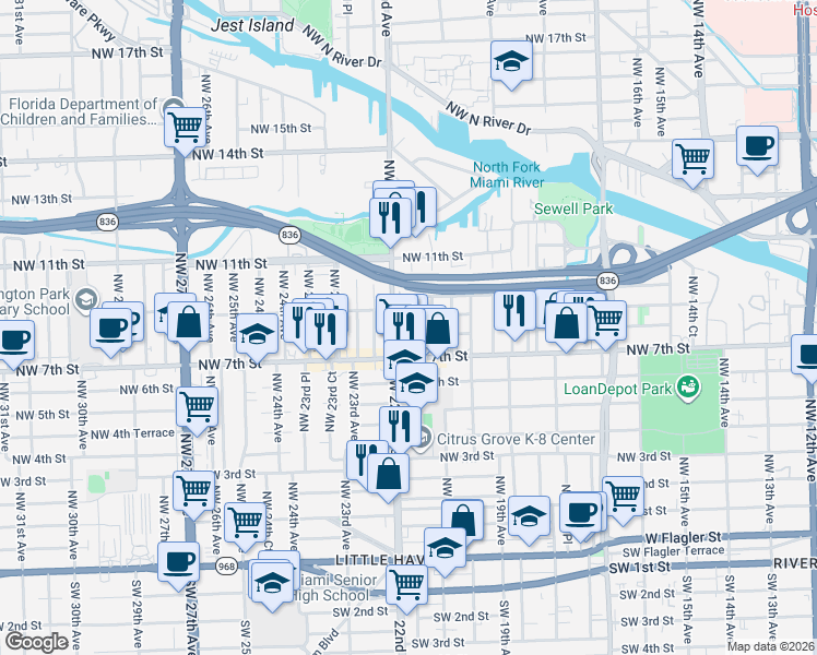 map of restaurants, bars, coffee shops, grocery stores, and more near 800 Northwest 21st Court in Miami