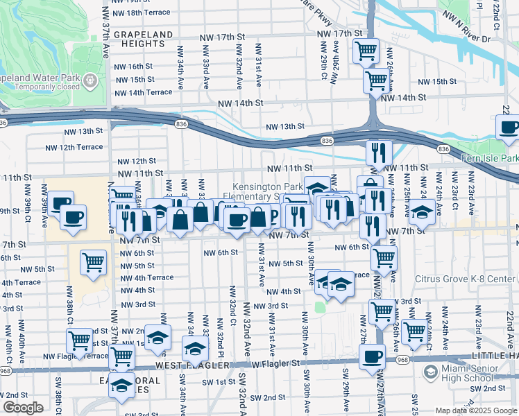 map of restaurants, bars, coffee shops, grocery stores, and more near 775 Northwest 32nd Avenue in Miami