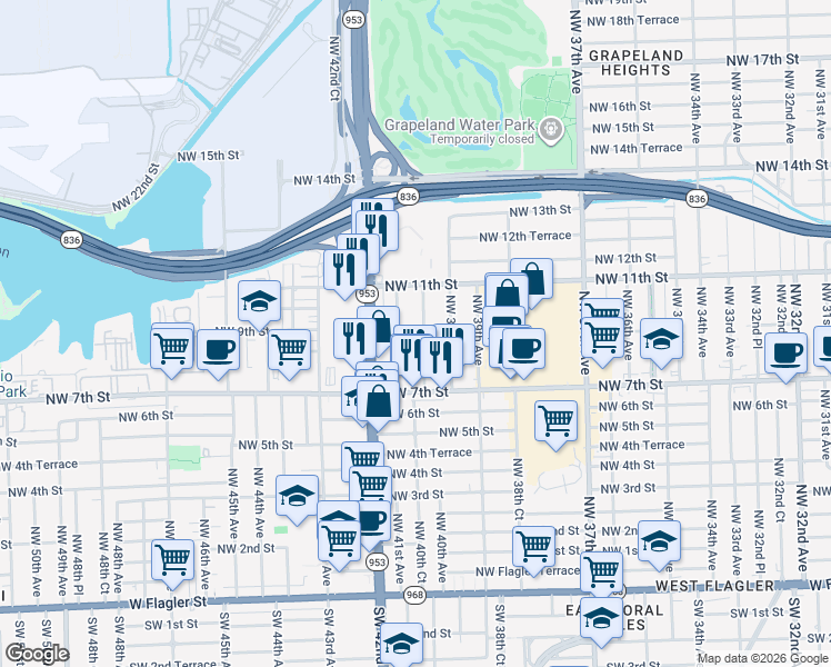 map of restaurants, bars, coffee shops, grocery stores, and more near 840 Northwest 40th Avenue in Miami