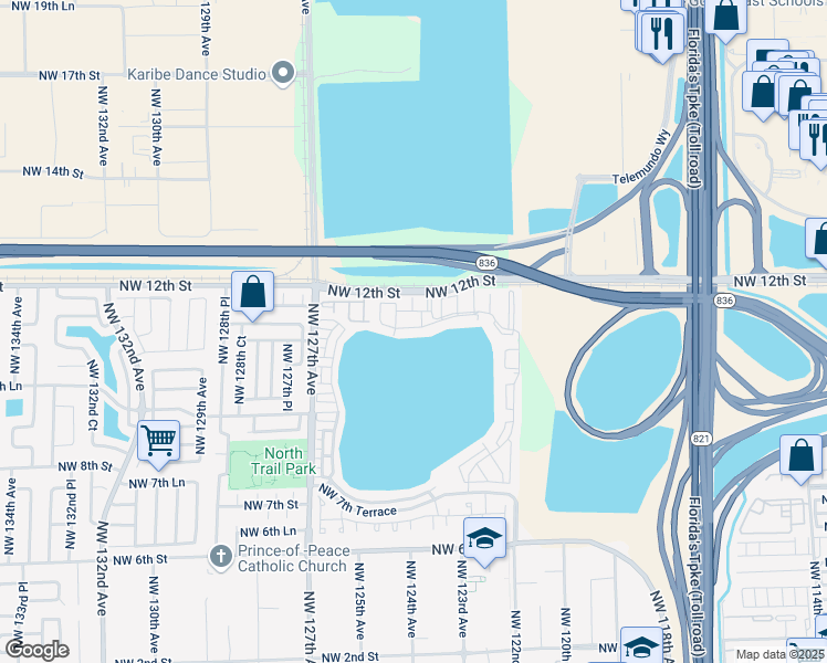 map of restaurants, bars, coffee shops, grocery stores, and more near 12506 Northwest 11th Lane in Miami