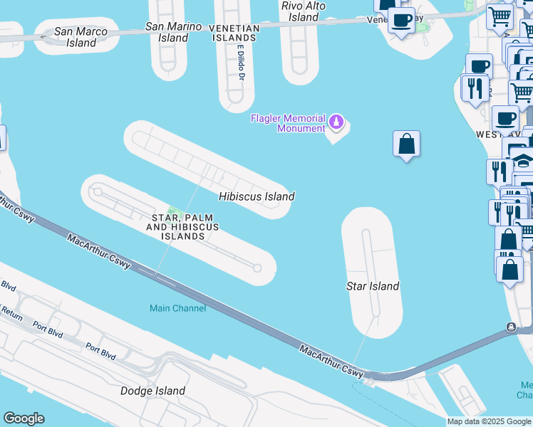 map of restaurants, bars, coffee shops, grocery stores, and more near 38 South Hibiscus Drive in Miami Beach