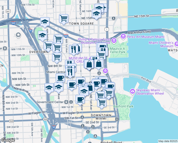 map of restaurants, bars, coffee shops, grocery stores, and more near 698 Northeast 1st Avenue in Miami