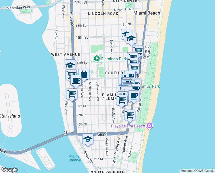 map of restaurants, bars, coffee shops, grocery stores, and more near 732 10th Street in Miami Beach