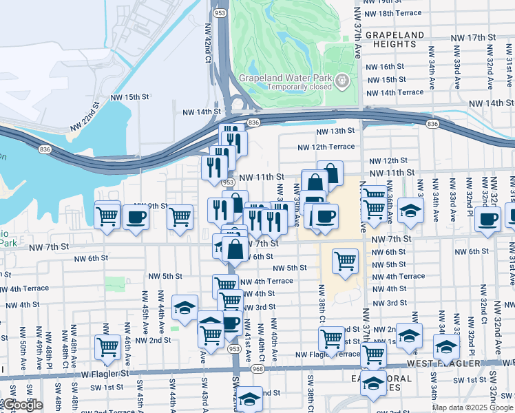 map of restaurants, bars, coffee shops, grocery stores, and more near 840 Northwest 40th Avenue in Miami