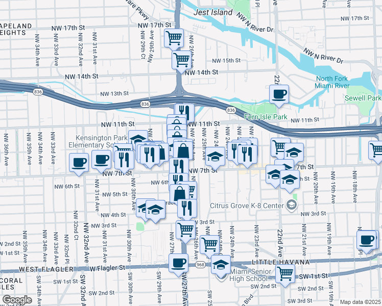 map of restaurants, bars, coffee shops, grocery stores, and more near 747 Northwest 26th Avenue in Miami