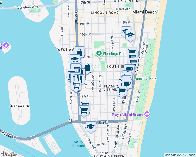 map of restaurants, bars, coffee shops, grocery stores, and more near 1008 Jefferson Avenue in Miami Beach