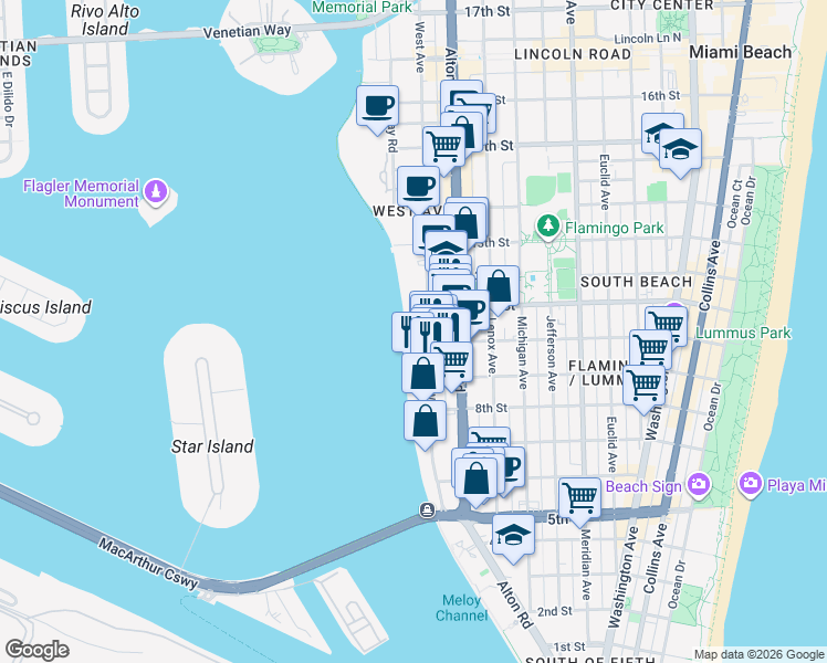 map of restaurants, bars, coffee shops, grocery stores, and more near 999 West Avenue in Miami Beach