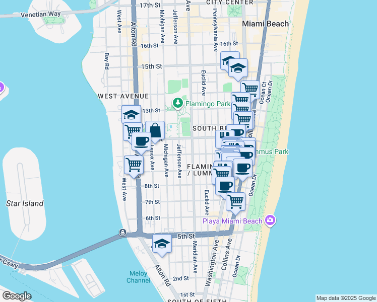 map of restaurants, bars, coffee shops, grocery stores, and more near 1000 Meridian Avenue in Miami Beach