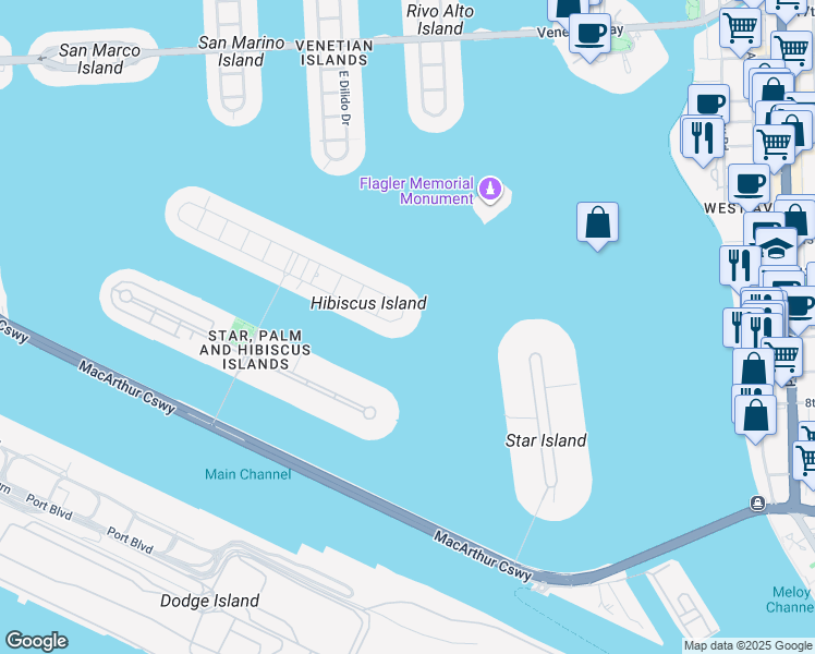 map of restaurants, bars, coffee shops, grocery stores, and more near 6 South Hibiscus Drive in Miami Beach