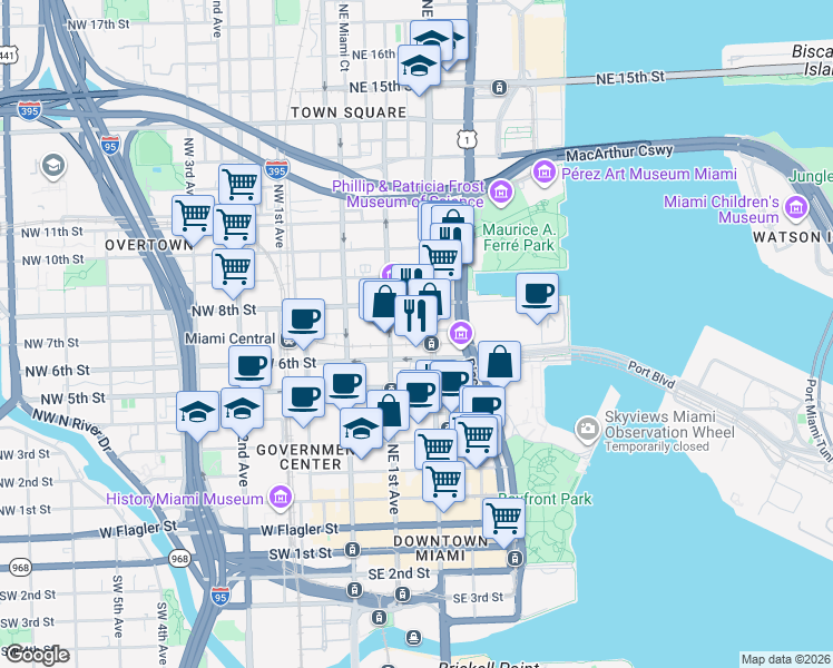 map of restaurants, bars, coffee shops, grocery stores, and more near 601 Northeast 1st Avenue in Miami