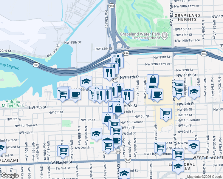 map of restaurants, bars, coffee shops, grocery stores, and more near 950 NW Le Jeune Rd in Miami