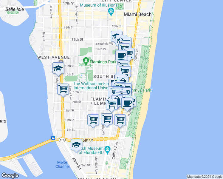 map of restaurants, bars, coffee shops, grocery stores, and more near 950 Pennsylvania Avenue in Miami Beach