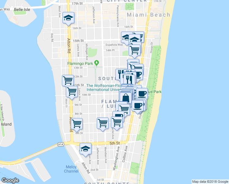 map of restaurants, bars, coffee shops, grocery stores, and more near 950 Pennsylvania Avenue in Miami Beach