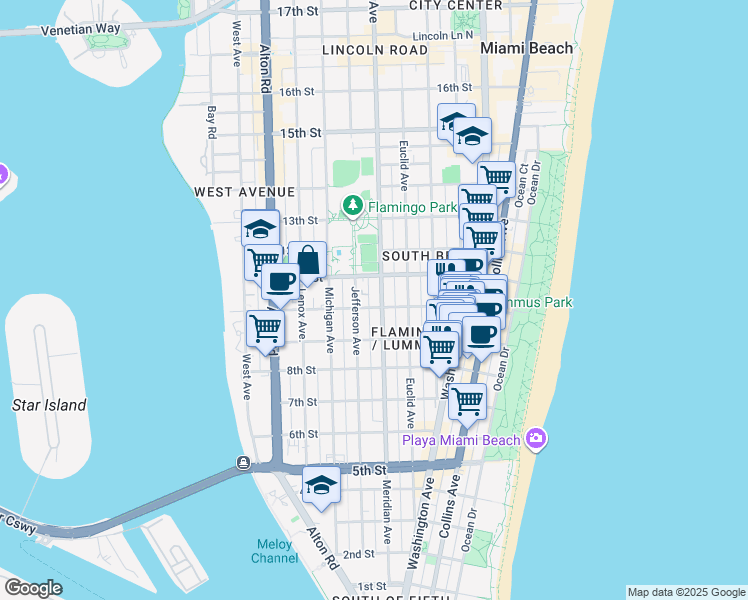 map of restaurants, bars, coffee shops, grocery stores, and more near 732 10th Street in Miami Beach