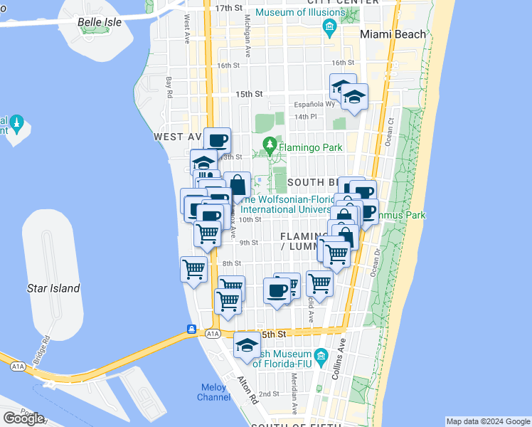 map of restaurants, bars, coffee shops, grocery stores, and more near 960 Jefferson Avenue in Miami Beach