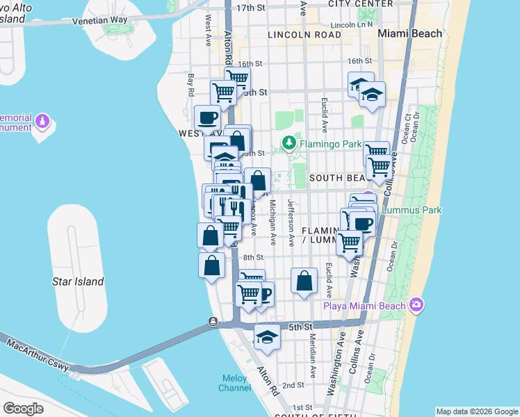 map of restaurants, bars, coffee shops, grocery stores, and more near 1006 10th Street in Miami Beach