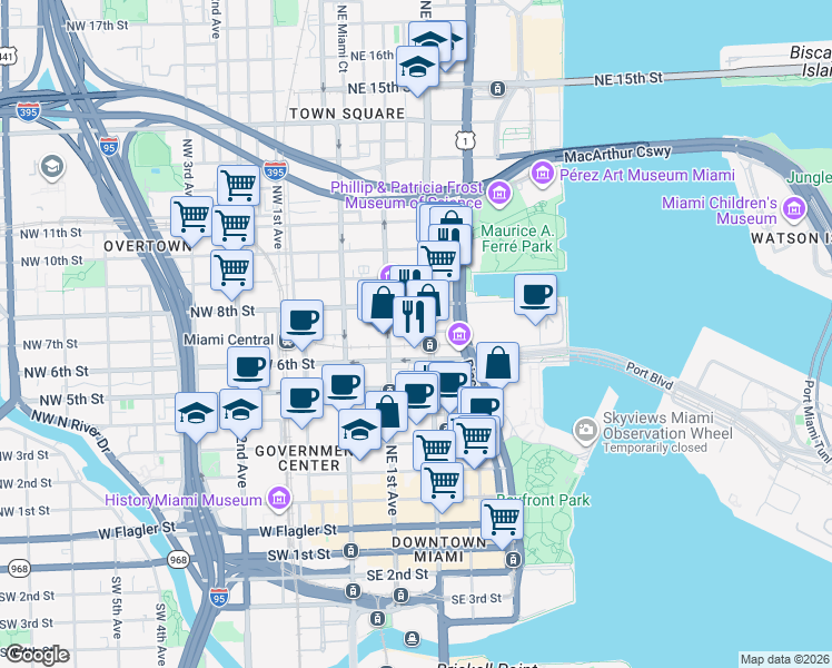 map of restaurants, bars, coffee shops, grocery stores, and more near 601 Northeast 1st Avenue in Miami