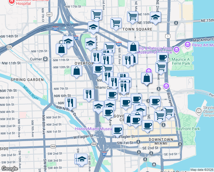 map of restaurants, bars, coffee shops, grocery stores, and more near 249 Northwest 6 Street in Miami