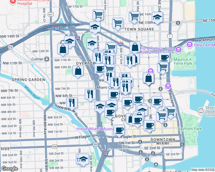 map of restaurants, bars, coffee shops, grocery stores, and more near 249 Northwest 6 Street in Miami