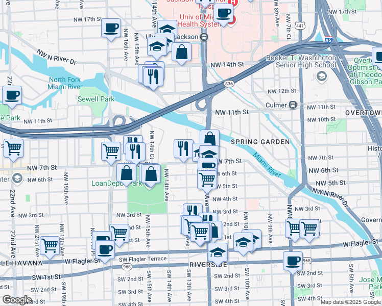 map of restaurants, bars, coffee shops, grocery stores, and more near 721 Northwest 12th Court in Miami