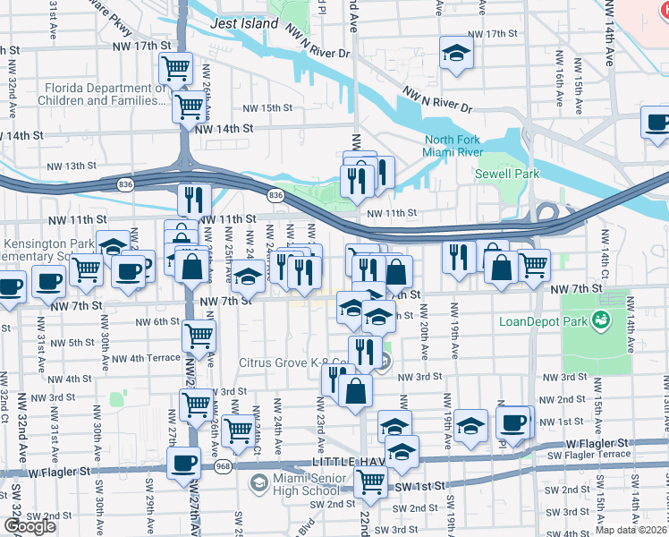 map of restaurants, bars, coffee shops, grocery stores, and more near 747 Northwest 22nd Court in Miami