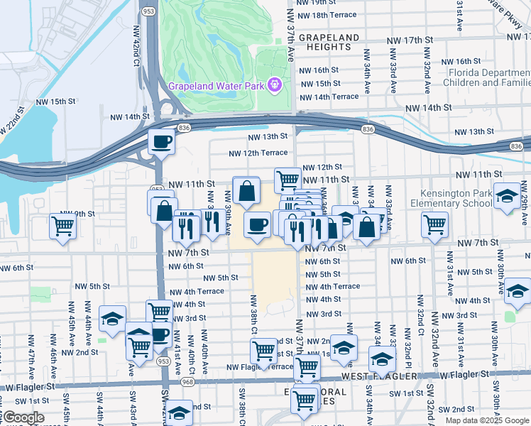 map of restaurants, bars, coffee shops, grocery stores, and more near 3701 NW 7th St in Miami
