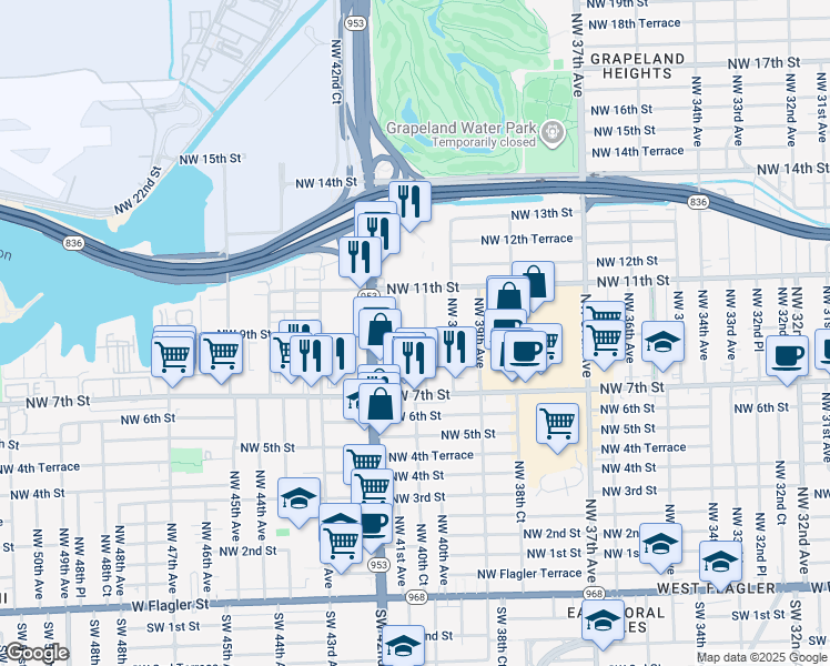 map of restaurants, bars, coffee shops, grocery stores, and more near 840 Northwest 40th Avenue in Miami