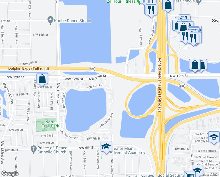 map of restaurants, bars, coffee shops, grocery stores, and more near 12370 Northwest 11th Lane in Miami