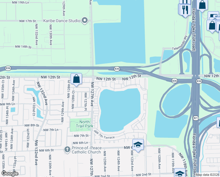 map of restaurants, bars, coffee shops, grocery stores, and more near 12560 Northwest 11th Terrace in Miami
