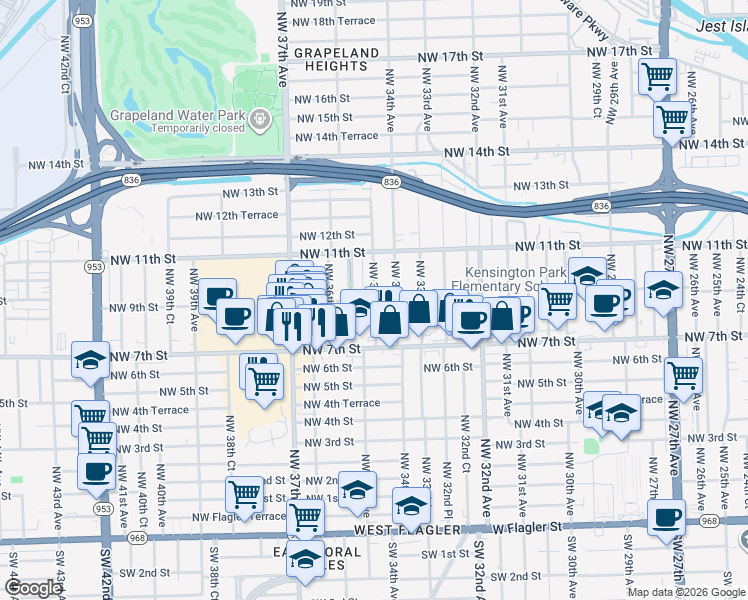 map of restaurants, bars, coffee shops, grocery stores, and more near 814 Northwest 34th Avenue in Miami