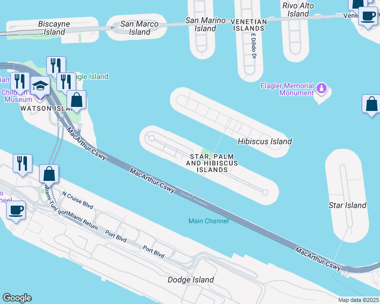map of restaurants, bars, coffee shops, grocery stores, and more near 220 Palm Avenue in Miami Beach